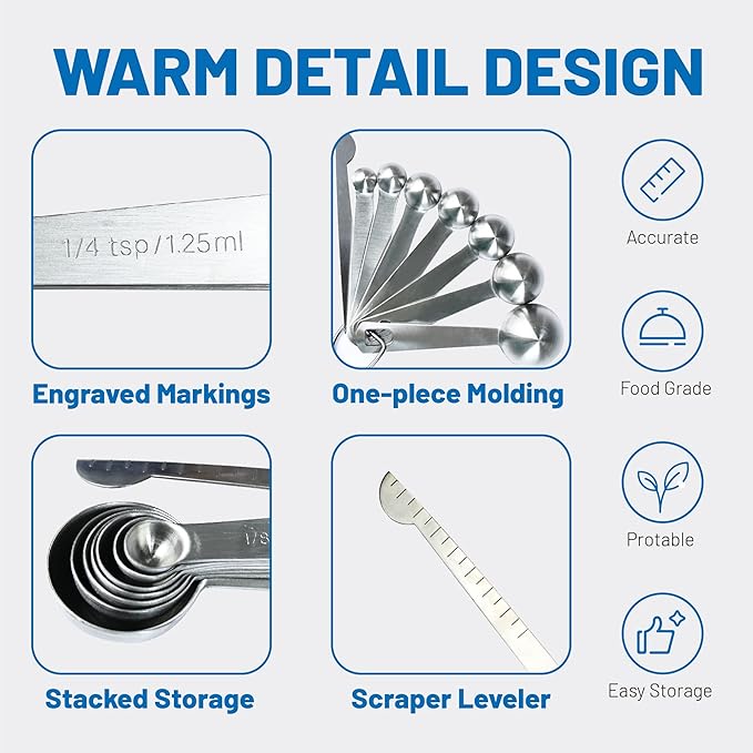 8PCS Measuring Spoons, Premium Heavy Duty Stainless Steel Measuring Spoons Cups Set, Small Tablespoon with Metric and US Measurements, Set of 8 for Measuring Dry and Liquid Ingredients - Image 4