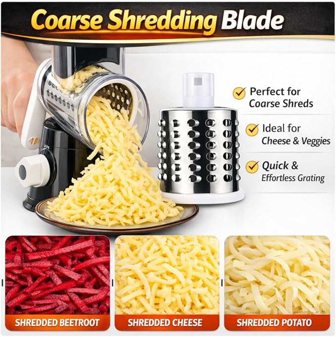 Manual Rotary Cheese Grater for Kitchen, Vegetable Slicer, 3-in-1 Hand Crank Food Shredder for Cheese, Vegetables & Nuts, Stainless Steel Blades, Strong Suction Base, BPA-Free - Image 5