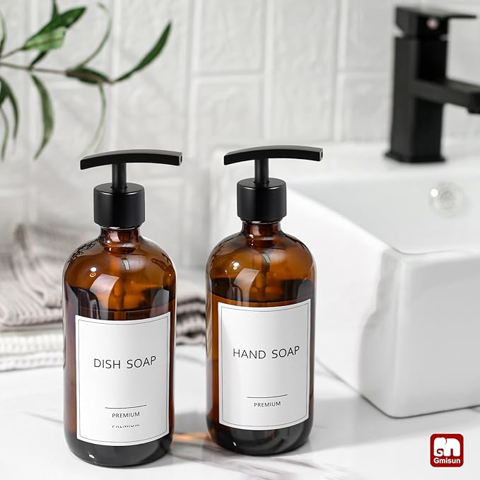 GMISUN Amber Glass Soap Dispenser, 2 Pack Bathroom Hand Soap Dispensers with Stainless Steel Pump, 17 Fl Oz Kitchen Hand and Dish Soap Dispenser Set, Modern Vintage Liquid Brown Soap Dispensers Bottle - Image 4