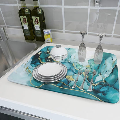 Giwawa Teal Marble Dish Drying Mat Turquoise Blue Marbling Print Dish Drainer Mats 18"x24" Modern Granite Microfiber Reversible Dish Drying Rack Pad Protector for Kitchen Countertop Decor