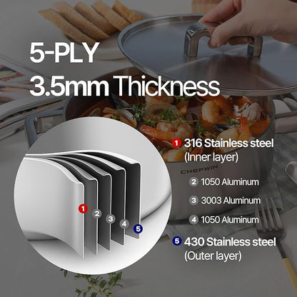 316 Stainless Steel 3.8 Quart Brazier with Lid Stew Pot, Induction Cookware, Dishwasher Safe & Oven Safe, Stay-Cool Silicone Handle