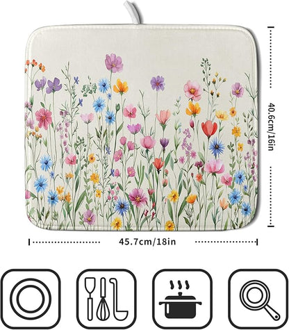 Giwawa Spring Floral Dish Drying Mat 16"x18" Watercolor Summer Wildflower Dish Drainer Mats Herb Flower Reversible Absorbent Dish Drying Pad Decor for Kitchen Countertop Dining Room