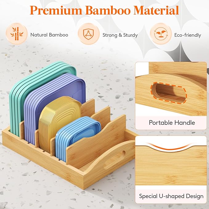 Lifewit Bamboo Lid Organizers for Inside Cabinet, Food Storage Container Lid Holder with 4 adjustable Inserts & 5 Sections, Kitchen Pantry organizer and storage, 10.6" X 8.3" - Image 7