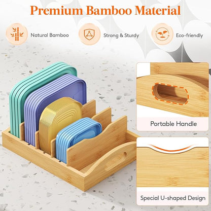Lifewit Bamboo Lid Organizers for Inside Cabinet, Food Storage Container Lid Holder with 4 adjustable Inserts & 5 Sections, Kitchen Pantry organizer and storage, 10.6" X 8.3" - Image 7