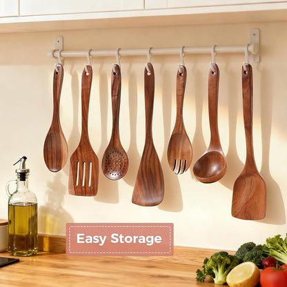 Wooden Spoons for Cooking - 7 Pieces Wooden Kitchen Utensils Set, Smooth Natural Teak Wood Utensil Set, Nonstick Heat-Resistant Cooking Utensils - Lightweight & Sturdy, Wooden Spatula for Cooking - Image 5