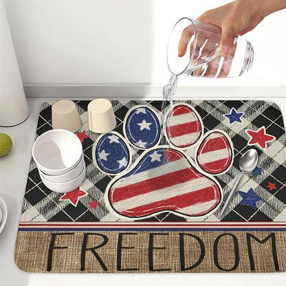 4th of July Dish Drying Mat 24x18 Inch, Patriotic Drying Mat with Absorbent Reversible Microfiber, Independence Day Dish Drainer Mats Memorial Day Rack Pad for Coffee Countertop Kitchen Protector