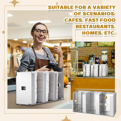Hicarer 3 Compartments Stainless Steel Cup Dispenser with Adjustable Dividers Silver Cup and Lid Holder Lid Organizer Storage for Cabinet Kitchen Cafe Tea Shop Restaurant, Silver - Image 5