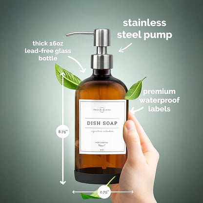 Vine Creations Amber Glass Soap Dispenser, 2 Pack Kitchen Soap Dispenser Set with Stainless Steel Pump, 16 oz Hand Soap or Dish Soap for Bathroom or Kitchen with Waterproof Labels - Image 5
