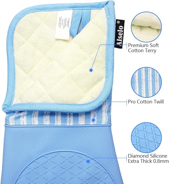 Alselo Silicone Oven Mitts Heat Resistant 932℉ with Waterproof & Non-Slip Kitchen Mittens, Set of 2 Extra Long Oven Gloves with Soft Cotton Terry Lining for Baking Cooking Barbecue (2, Blue Mitts) - Image 5
