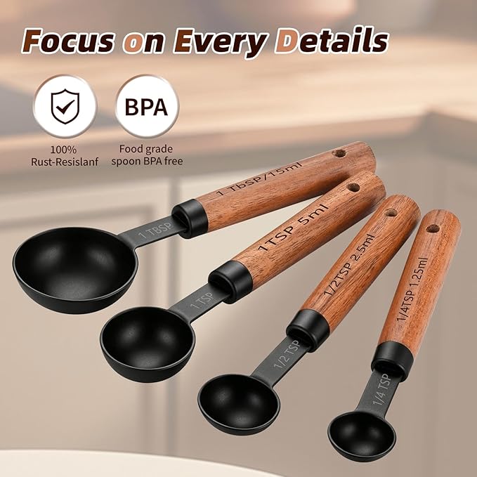 Stainless Steel Measuring Cups and Spoons Set of 8, Stackable Wooden Handle Metal Measuring Cup & Spoon Set with Metric & US Measurements, Rustic Farmhouse Kitchen Gadgets for Dry & Liquid Ingredients