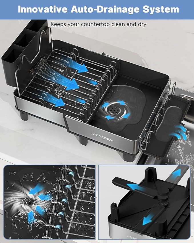 Dish Drying Rack, 304 Stainless Steel Exendable Dish Rack with Adjustable Drain Spout, Large Capacity Dish Drainer with Utensil Holder, Cup Holder and Cutting Board Rack for Kitchen Counter, Black - Image 3