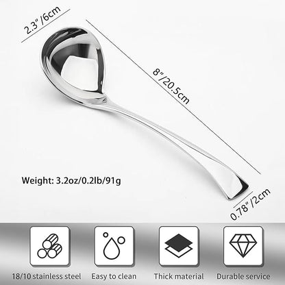 Comicfs 2 Pack Gravy Ladle, 18/10 Stainless Steel Soup Ladle, Small Soup Spoon, Sauce Ladles, Small Serving Ladles for Stirring, Mirror finished Soup Spoon and Dishwasher Safe, 8-Inch