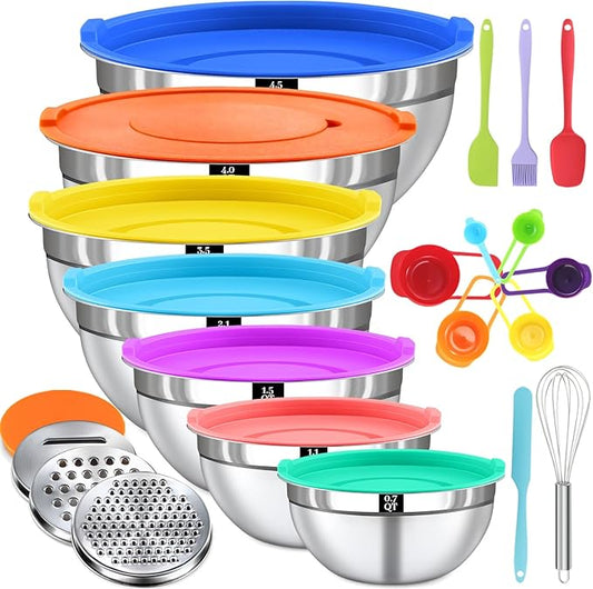 21PCS Mixing Bowls with Lids Set - 7 Nesting Mixing Bowls, 3 Graters, 11 Baking Tools, Lids, Stainless Steel Mixing Bowl for Mixing & Baking, Size 0.7/1.1/1.5/2.1/3.5/4/4.5 QT, Colorful by Boskermeal