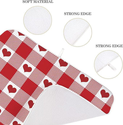 Happy Valentines Day Dish Drying Mat 18 x 24 inch Red Checkered Love Hearts Decorative Drying Mats Microfiber Absorbent Valentine Dish Washable Draining Mat for Kitchen Counter Decor