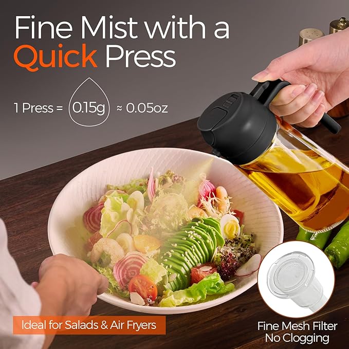YARRAMATE 16oz/470ml Glass Olive Oil Sprayer for Cooking with Stickers, 2 in 1 Oil Dispenser for Kitchen Gadgets, Food Grade Premium Spray Bottle with Portion Control for Salad, Frying, BBQ (Black) - Image 3