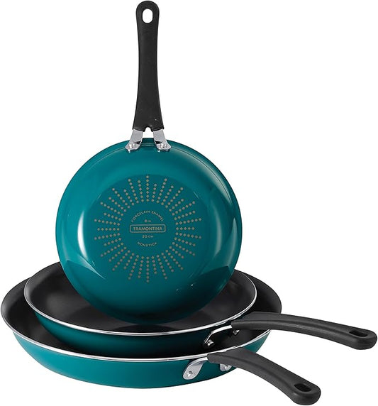 Tramontina Porcelain Enamel Non Stick 3-Pack Frying Pans, Skillet Set with Reinforced Nonstick Coating, Dishwasher and Oven Safe (Teal) by Tramontina