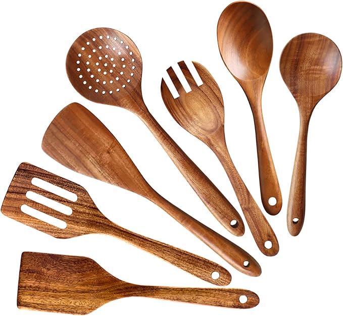 7 Pcs Acacia Wood Cooking Utensils Set Large Wooden Spoons for Cooking Spatula Salad Mixing Spoon Non Toxic Utensil for Kitchen Use Spatulas Non Stick Turner Slotted Serving Spoon Kitchen Utensils by Renawe