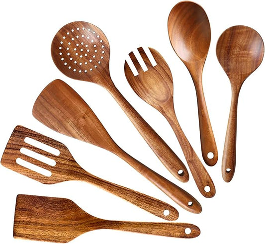 7 Pcs Acacia Wood Cooking Utensils Set Large Wooden Spoons for Cooking Spatula Salad Mixing Spoon Non Toxic Utensil for Kitchen Use Spatulas Non Stick Turner Slotted Serving Spoon Kitchen Utensils by Renawe