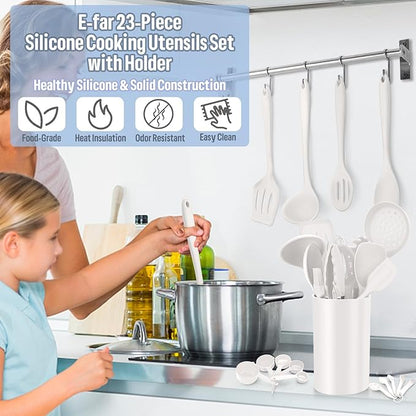 Silicone Kitchen Utensils Set, E-far 23 Pcs White Cooking Utensils Tools with Holder for Nonstick Cookware, Include Spatula/Spoon/Ladle/Tongs/Turner, Heat Resistant & Nontoxic, Dishwasher Safe - Image 6