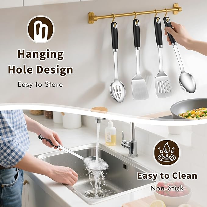 4 Pcs Cooking Utensils Set, Stainless Steel Kitchen Utensils, Heat Resistant Metal Kitchen Tools Include Solid & Slotted Turner Wok Spatula, Serving Spoon, Ergonomic Handle, Easy to Clean, Silver - Image 6