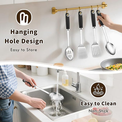 4 Pcs Cooking Utensils Set, Stainless Steel Kitchen Utensils, Heat Resistant Metal Kitchen Tools Include Solid & Slotted Turner Wok Spatula, Serving Spoon, Ergonomic Handle, Easy to Clean, Silver - Image 6