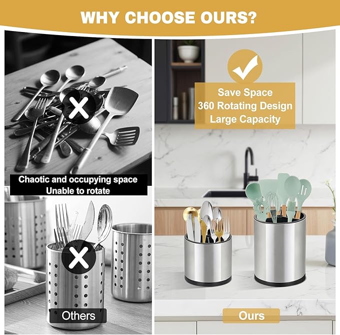 2Pack Kitchen Utensil Holder Set - 360° Rotating Stainless Steel Large Cooking Utensil Stand for Counter, 3 Compartment Flatware Caddy with Removable Base for Knife, Fork & Spoon Organizer - Sliver - Image 3