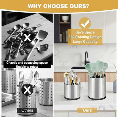 2Pack Kitchen Utensil Holder Set - 360° Rotating Stainless Steel Large Cooking Utensil Stand for Counter, 3 Compartment Flatware Caddy with Removable Base for Knife, Fork & Spoon Organizer - Sliver - Image 3