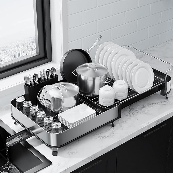 Kitsure Dish Drying Rack - Expandable Stainless Steel Dish Racks for Kitchen Counter, Auto-Drain Drying Rack for Kitchen with Cutlery Holder & Non-Slip Feet, 16.1-26.6" L x 12.6" W, Black by Kitsure