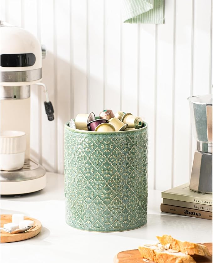 Kitchen Utensil Holder, 6x7 inch Large Ceramic Utensil Holder with Embossed Pattern, Cooking Utensil Crocks for Kitchen Countertop, Home Decor, Forest Green - Image 6