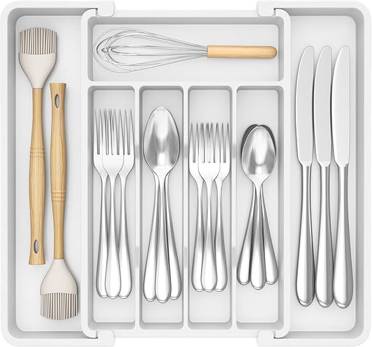 Lifewit Silverware Drawer Organizer, Expandable Utensil Tray for Kitchen, BPA Free Flatware and Cutlery Holder, Adjustable Plastic Storage for Spoons Forks Knives, 8.5-14 x 12", White by Lifewit