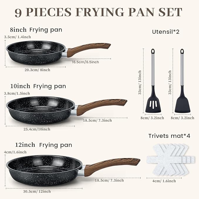 Frying Pans Skillet - 9 Pieces Nonstick Frying Pan Set Includes 3 Sizes (8"/ 10"/ 12"), PFOA Free, Induction & Oven Safe, Easy to Clean for Home Daily Cooking - Image 2