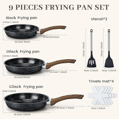 Frying Pans Skillet - 9 Pieces Nonstick Frying Pan Set Includes 3 Sizes (8"/ 10"/ 12"), PFOA Free, Induction & Oven Safe, Easy to Clean for Home Daily Cooking - Image 2