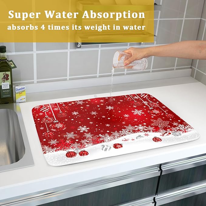 Giwawa Xmas Balls Dish Drying Mat for Kitchen Countertop Winter Red White Snowflakes Dish Drainer Mats 18x24inch Reversible Dish Drying Rack Pad Protector for Dining Holiday New Year Decor