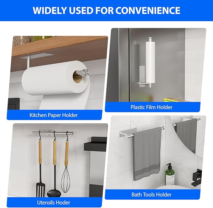 Paper Towel Holder Under Cabinet, Self-Adhesive,No Drilling, Stainless Steel, Wall-Mounted for Kitchen and Bathroom, Easy Install, Durable, Space-Saving, Ideal for Home, RV (Sliver, 2 Pack) - Image 4