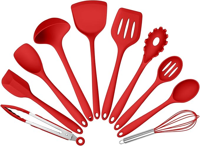 Silicone Cooking Utensils Set of 10, Kitchen Utensils Set for Cooking, 446°F Heat Resistant Silicone Kitchen Tools with Turner Spatula, Soup Ladle, Serving Spoons, Tongs for Nonstick Cookware - Red