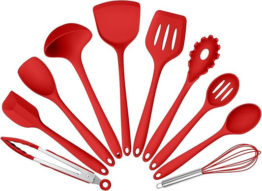 Silicone Cooking Utensils Set of 10, Kitchen Utensils Set for Cooking, 446°F Heat Resistant Silicone Kitchen Tools with Turner Spatula, Soup Ladle, Serving Spoons, Tongs for Nonstick Cookware - Red