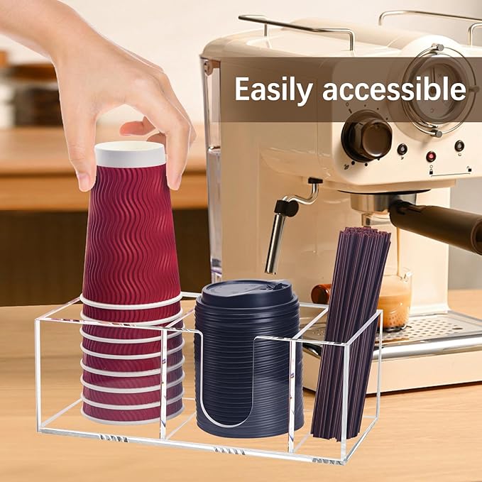 Coffee Bar Accessories and Organizer, Disposable Cup Holder for Countertop, Acrylic Storage and Organization for Cup Lid Stirrers Pod, Farmhouse Table Decor