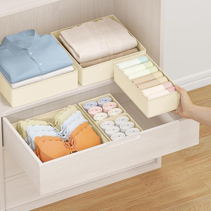 DIMJ Drawer Organizer Clothes, 8 Pack Dresser Organizer, Foldable Closet Organizers and Storage, Fabric Dresser Bins, Drawer Dividers for Nursery, Baby Clothes, Underwears, Sock (Beige) - Image 5