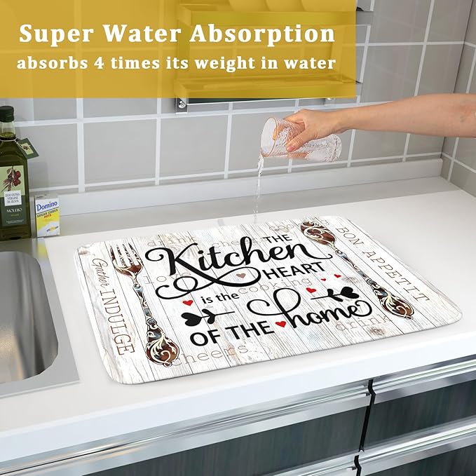 Giwawa 18"x24" Dish Drying Mat The Kitchen is The Heart of The Home- Knife Fork Cutlery Dish Drainer Mats- Rustic Wood Board Reversible Microfiber Dish Drying Pad for Kitchen Countertop Decor