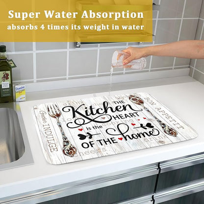 Giwawa 18"x24" Dish Drying Mat The Kitchen is The Heart of The Home- Knife Fork Cutlery Dish Drainer Mats- Rustic Wood Board Reversible Microfiber Dish Drying Pad for Kitchen Countertop Decor