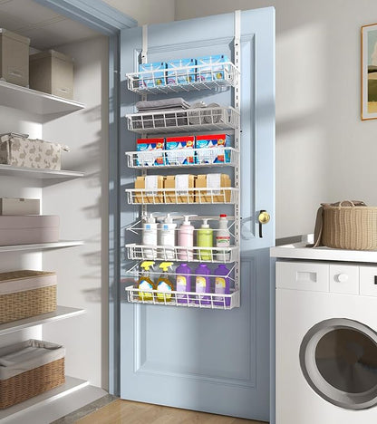 Mefirt Over The Door Pantry Organizer, Wall Mount Spice Rack, Pantry Hanging Storage and Organization, 6 Adjustable Baskets Heavy-Duty Metal for Home & Kitchen, Back of Door Seasoning Rack - White - Image 9