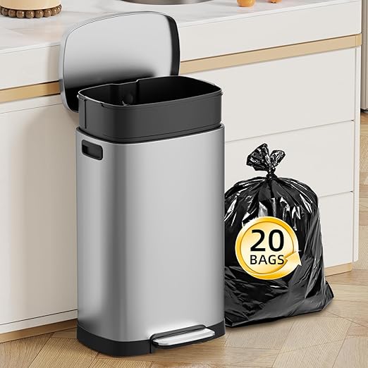 KUK 13 Gallon/50L Stainless Steel Kitchen Trash Can with Lid and Step Pedal-Large Capacity Garbage Bin with Odor Seal, Silent Close Lid, Removable Inner Bucket for Home, Kitchen, Bedroom, Silver