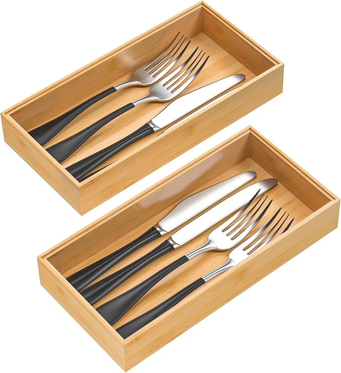 VeyFey Silverware Tray for Drawer, Stackable Kitchen Bamboo Drawer Organizer 12" x 6" x 2" Set of 2 by VeyFey