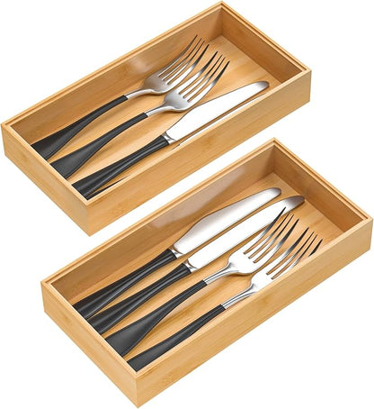 VeyFey Silverware Tray for Drawer, Stackable Kitchen Bamboo Drawer Organizer 12" x 6" x 2" Set of 2 by VeyFey