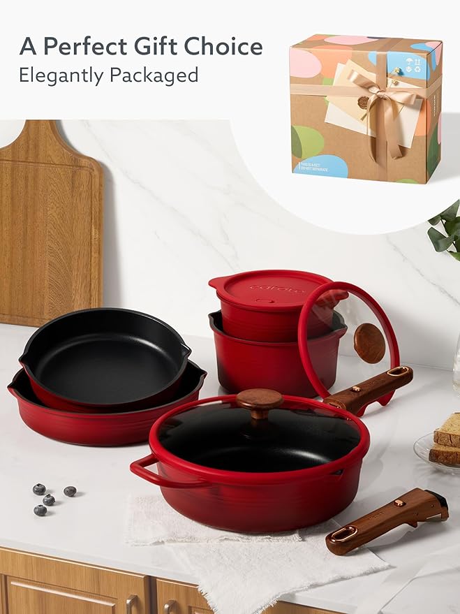 CAROTE 20Pcs Titanium Cookware Set, Pots and Pans Set Non Stick, Kitchen Cooking Set with Detachable Handle, Non Toxic Induction Cookware - Camping Cookware, Dishwasher/Oven Safe, Red - Image 8