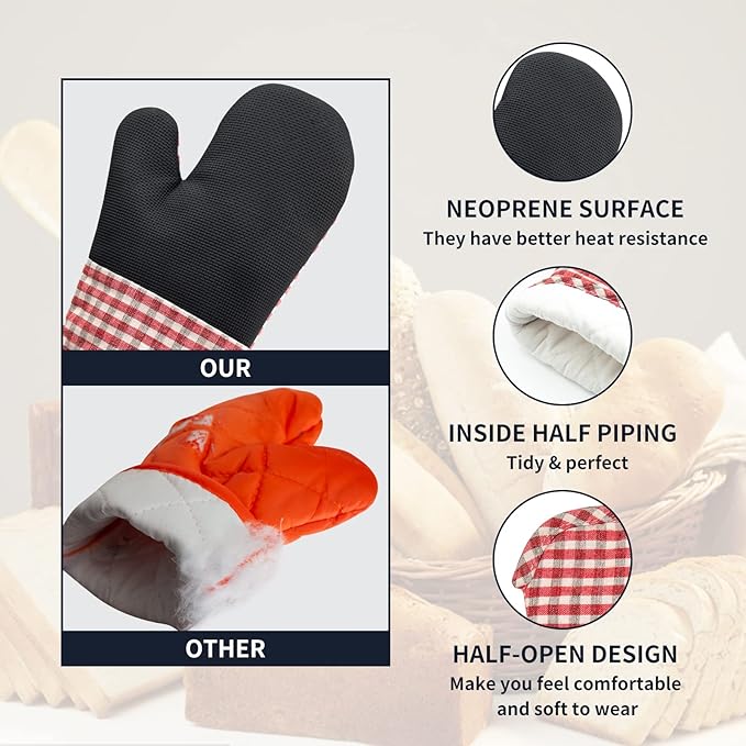 Oven Mitts and PotHolders Sets, 4 Pcs Kitchen Oven Glove High Heat Resistant 400°F Pot Holders for Kitchen, Non-Slip Neoprene Oven Mitts are Suitable for Cooking, Baking (Red Grid) - Image 3