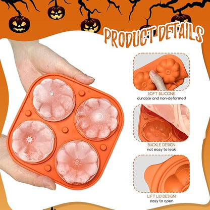 Orange 3D Pumpkin Ice Cube Tray for Freezer, Halloween Pumpkin Ice Cube Mold, Fall Pumpkin Silicone Ice Tray with Lid, Whiskey Cocktail Ice Molds for Autumn Thanksgiving Party, Bar Beverages Decor