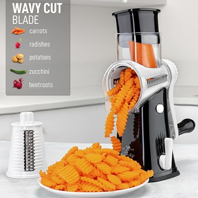 Zulay Kitchen Rotary Cheese Grater 5 Blade Cheese Shredder - Manual Hand Crank Cheese Grater With Reinforced Suction & 5 Interchangeable Drums - Easy to Use, Vegetable Chopper Round Mandoline Slicer - Image 4