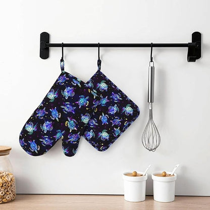 Sea Turtle Oven Mitts and Pot Holders Set - Heat Resistant, Non-Slip Silicone Kitchen Gloves for Cooking, Baking, Grilling, BBQ - Waterproof & Easy Clean Kitchen Accessories