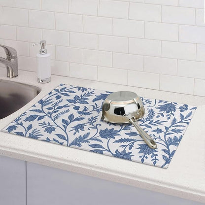 Blue Floral Print Dish Drying Mats for Kitchen Counter, Large 18"x24" Dish Mats for Drying Dishes, Microfiber Absorbent Dish Drying Pad Rack Mat Kitchen Decor Reusable Washable